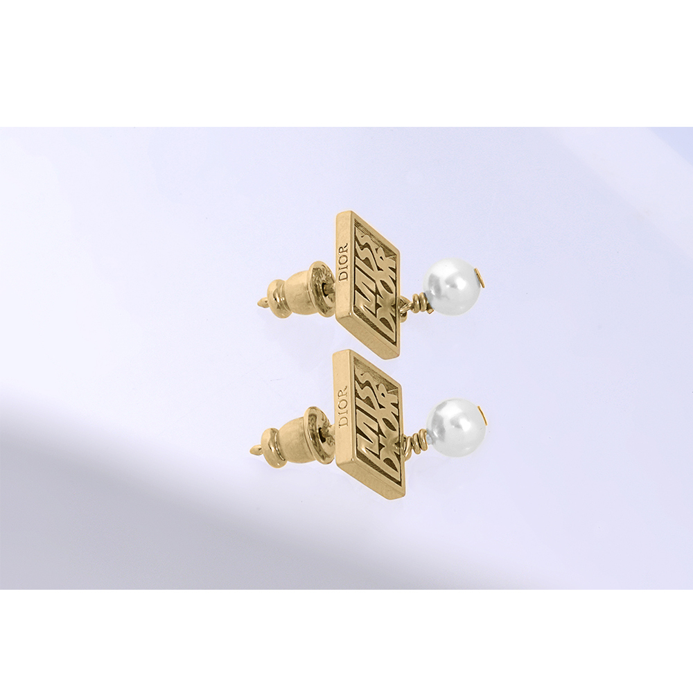 【CHRISTIAN DIOR】Miss Dior 方形標誌珍珠墜飾針式耳環(金色/白色) E3559WOMRS_D301