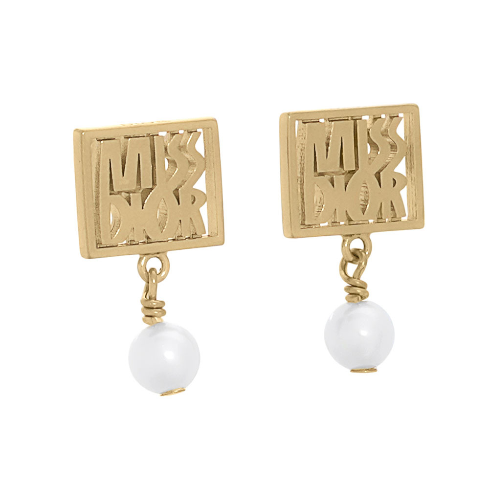 【CHRISTIAN DIOR】Miss Dior 方形標誌珍珠墜飾針式耳環(金色/白色) E3559WOMRS_D301