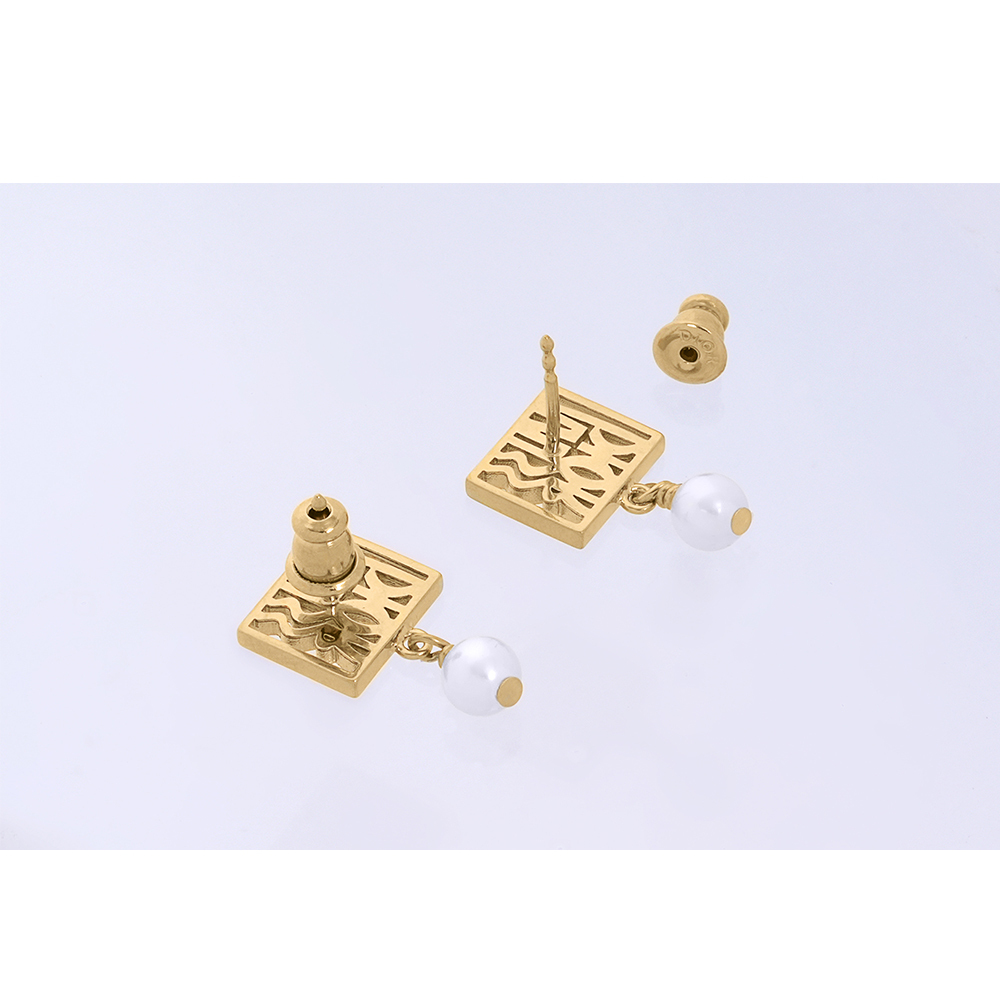 【CHRISTIAN DIOR】Miss Dior 方形標誌珍珠墜飾針式耳環(金色/白色) E3559WOMRS_D301