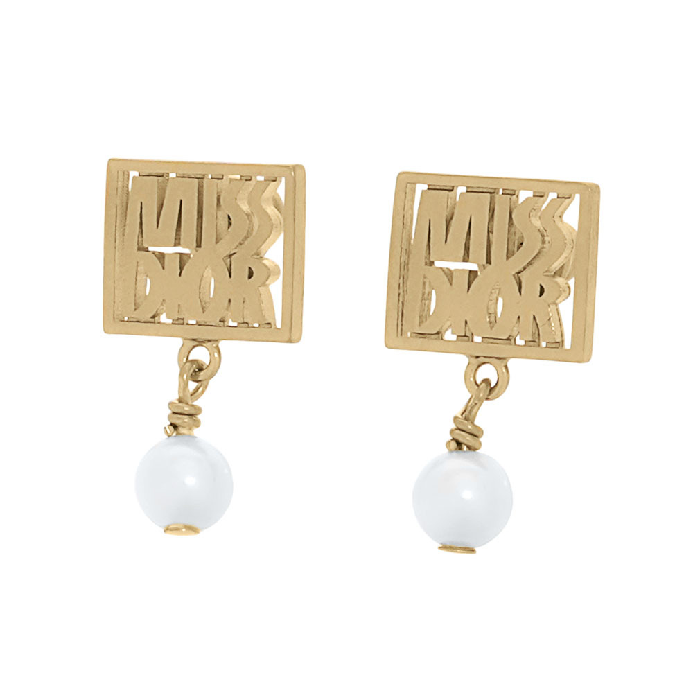 【CHRISTIAN DIOR】Miss Dior 方形標誌珍珠墜飾針式耳環(金色/白色) E3559WOMRS_D301