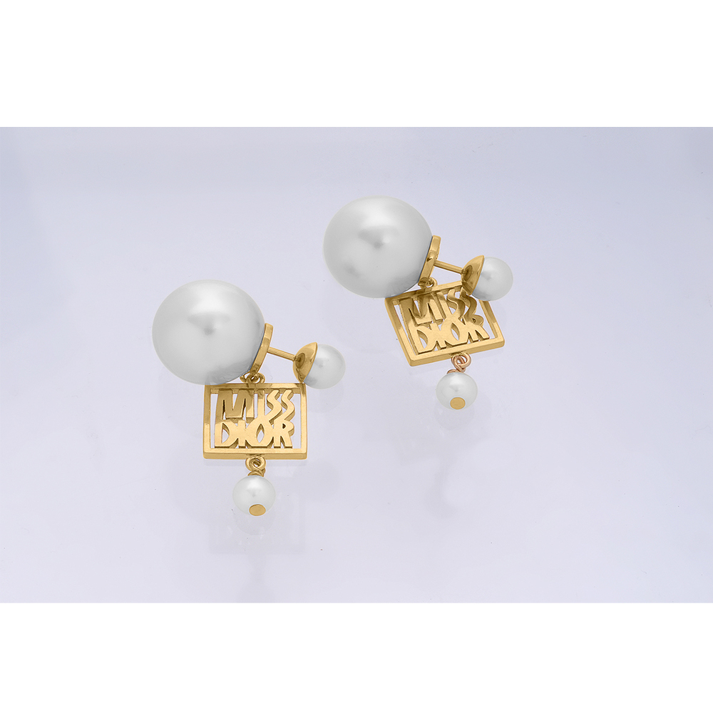 【CHRISTIAN DIOR】Tribales 方形標誌及珍珠針式耳環(金色/白色)E3557WOMRS_D301