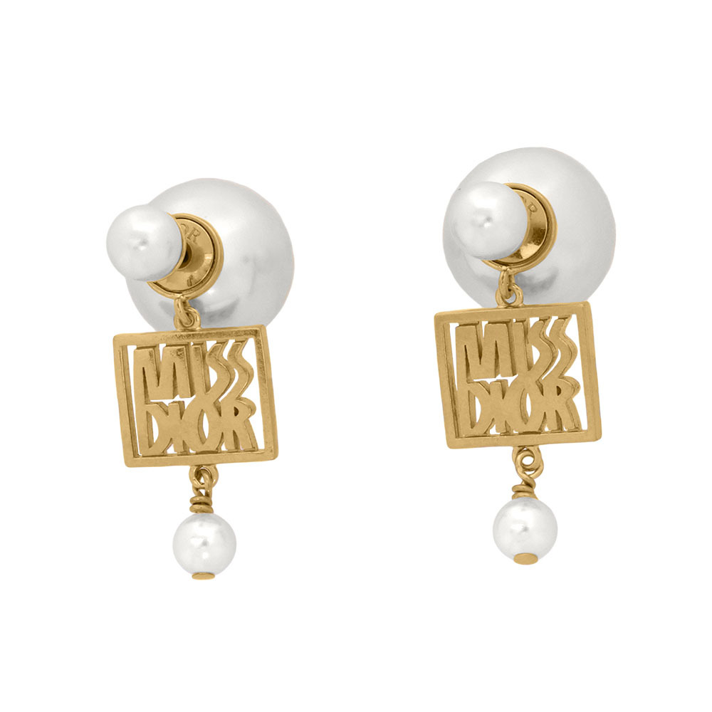 【CHRISTIAN DIOR】Tribales 方形標誌及珍珠針式耳環(金色/白色)E3557WOMRS_D301