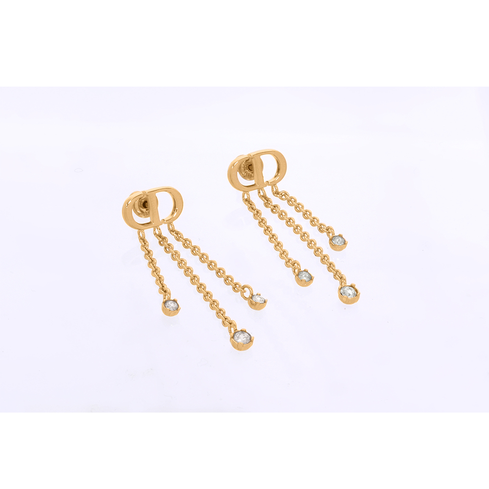 【CHRISTIAN DIOR】Petit CD Treasure 垂墜水晶鍊條針式耳環(金色)E3339WOMCY_D03S