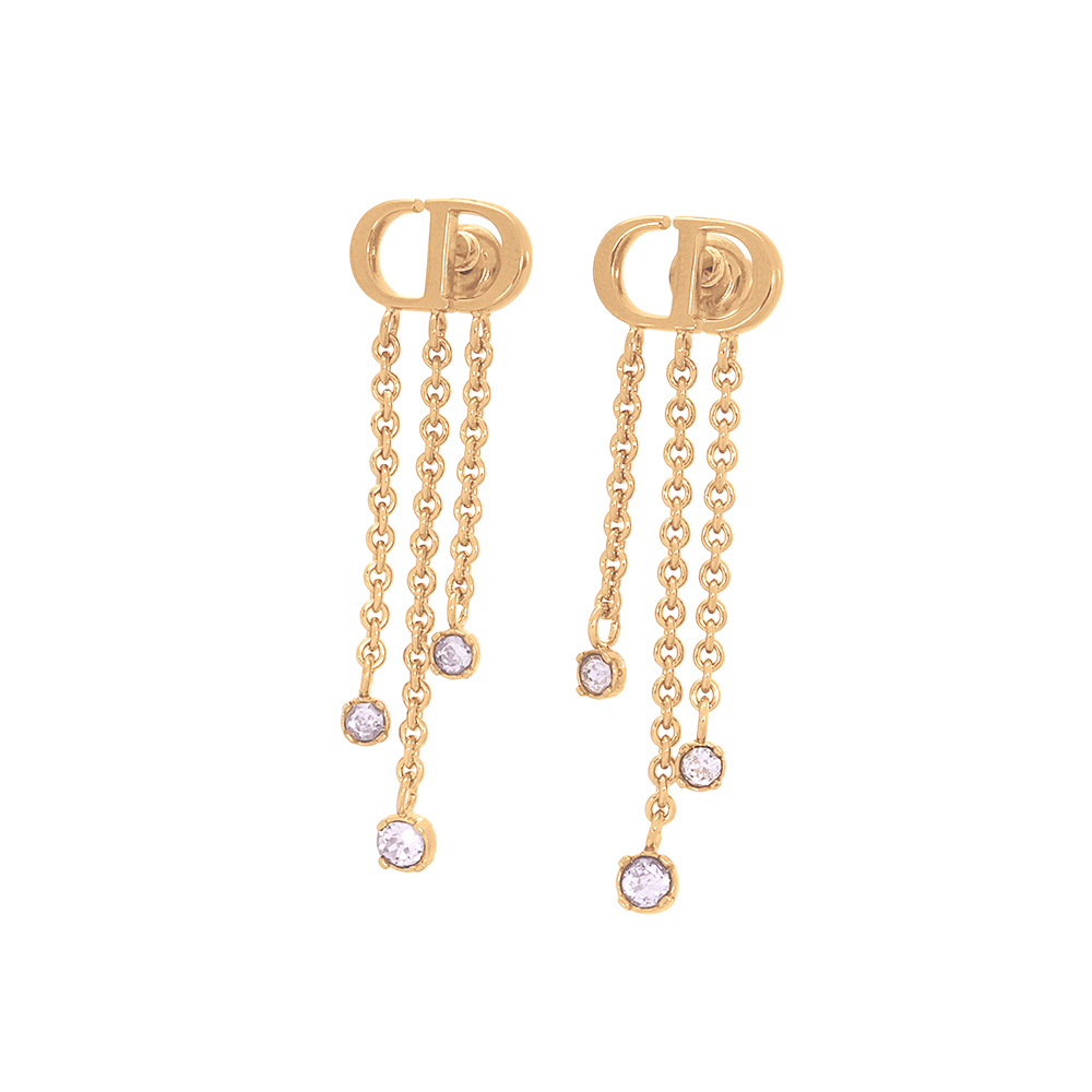 【CHRISTIAN DIOR】Petit CD Treasure 垂墜水晶鍊條針式耳環(金色)E3339WOMCY_D03S