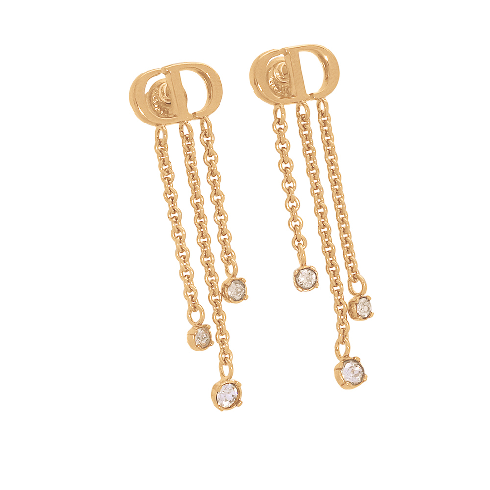 【CHRISTIAN DIOR】Petit CD Treasure 垂墜水晶鍊條針式耳環(金色)E3339WOMCY_D03S