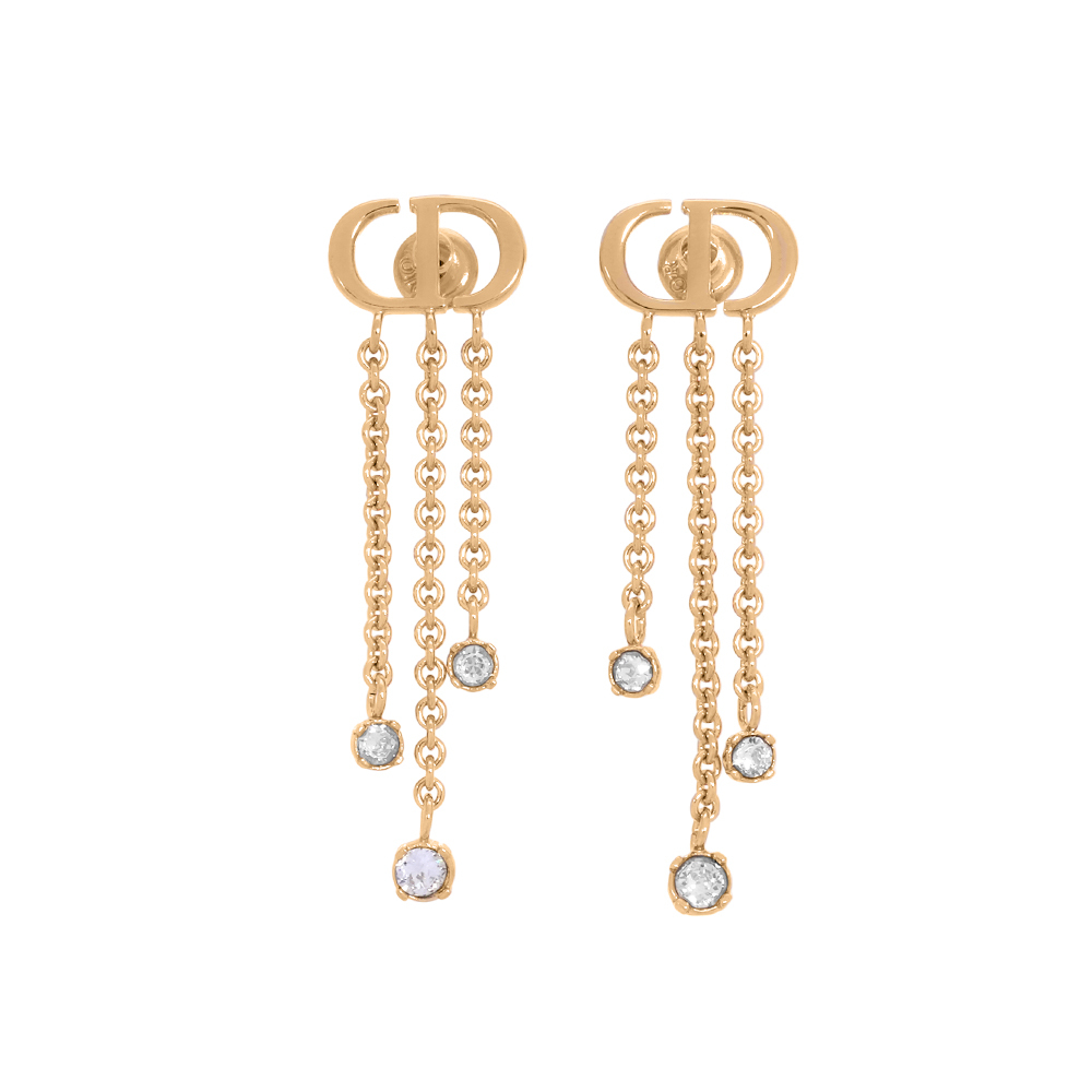 【CHRISTIAN DIOR】Petit CD Treasure 垂墜水晶鍊條針式耳環(金色)E3339WOMCY_D03S