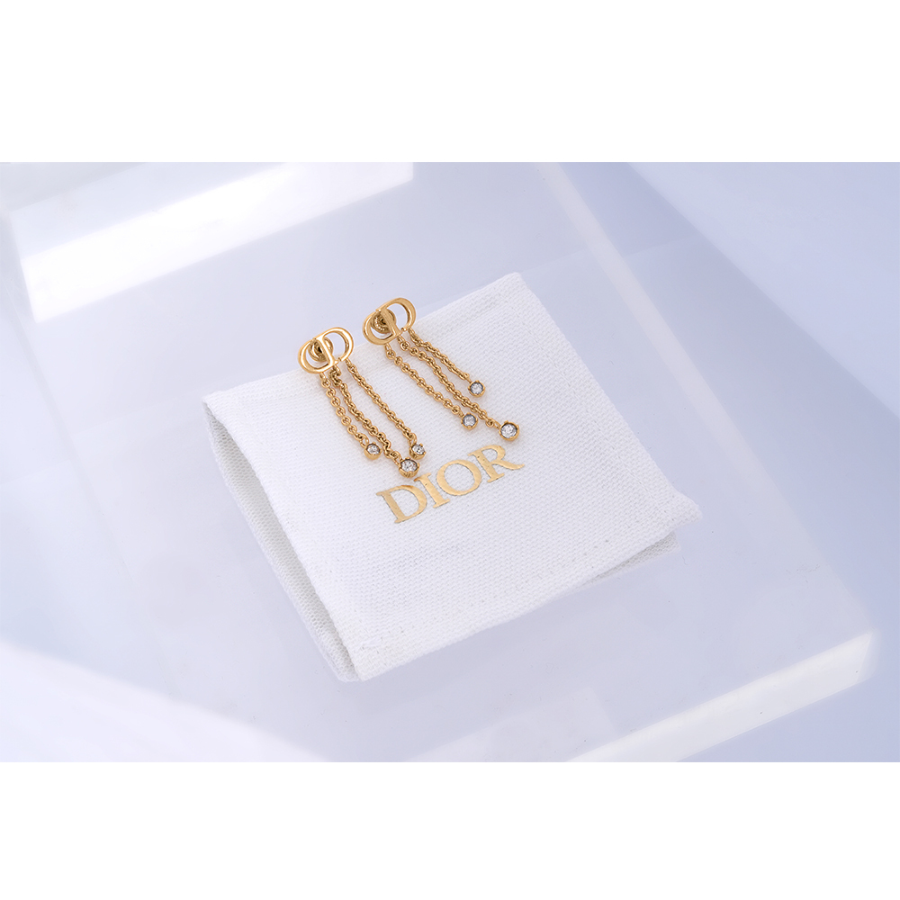 【CHRISTIAN DIOR】Petit CD Treasure 垂墜水晶鍊條針式耳環(金色)E3339WOMCY_D03S
