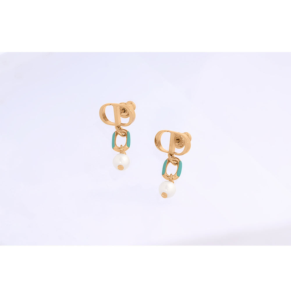 【CHRISTIAN DIOR】Dioriviera Petit CD 亮漆垂墜珍珠針式耳環(金色/海水藍)E3297WOMLQ_D52V