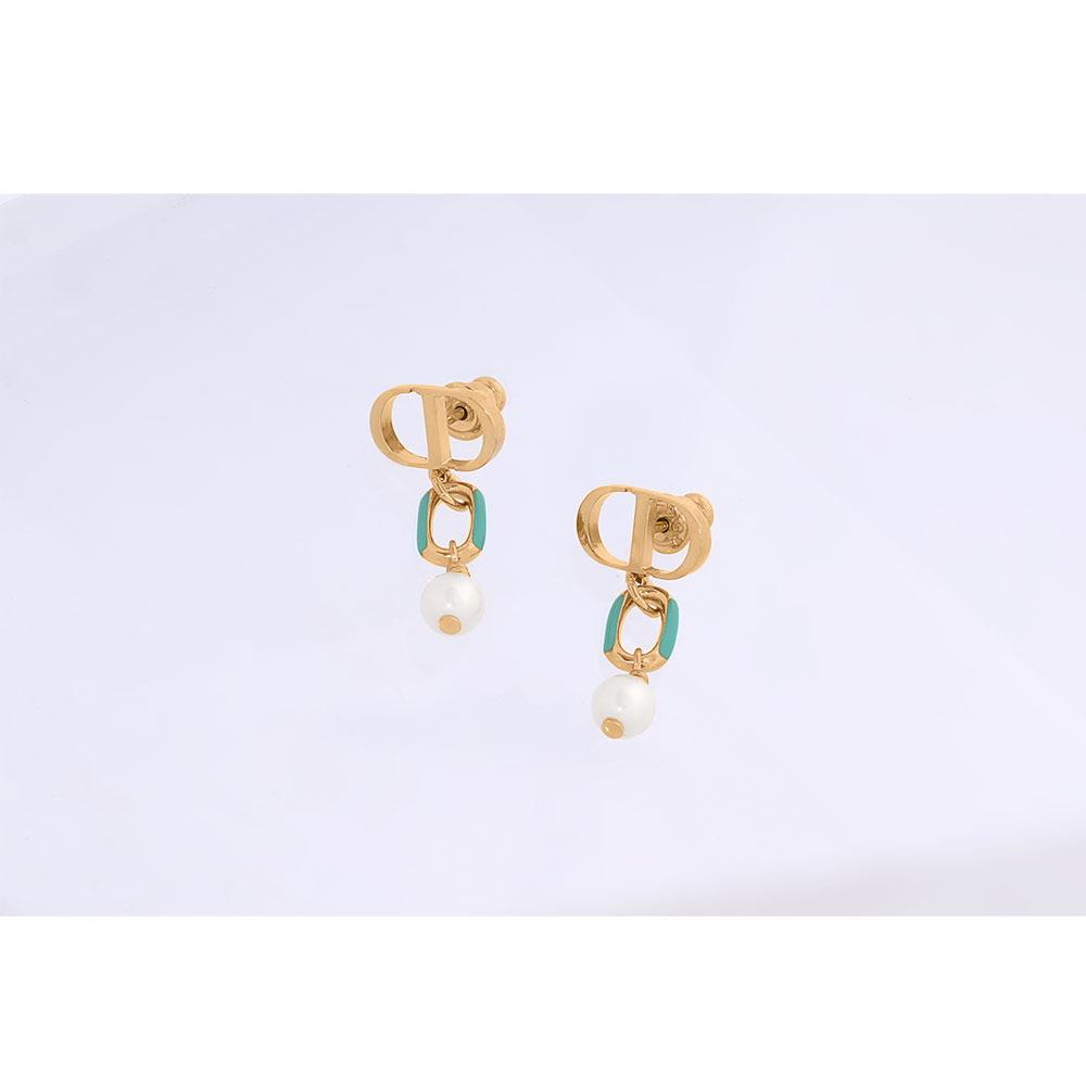【CHRISTIAN DIOR】Dioriviera Petit CD 亮漆垂墜珍珠針式耳環(金色/海水藍)E3297WOMLQ_D52V