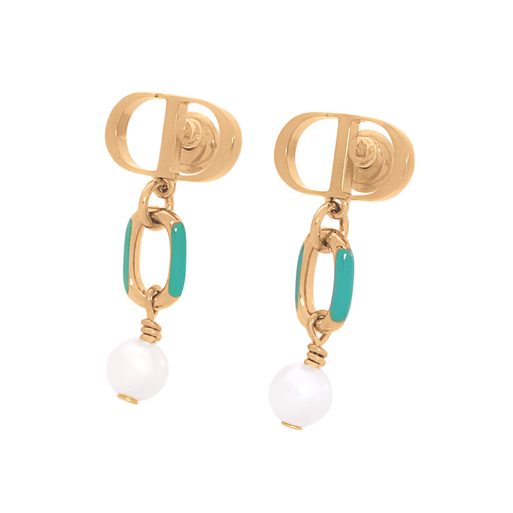 【CHRISTIAN DIOR】Dioriviera Petit CD 亮漆垂墜珍珠針式耳環(金色/海水藍)E3297WOMLQ_D52V