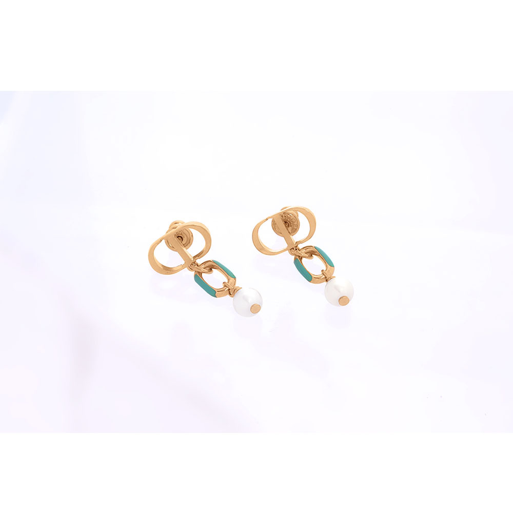 【CHRISTIAN DIOR】Dioriviera Petit CD 亮漆垂墜珍珠針式耳環(金色/海水藍)E3297WOMLQ_D52V