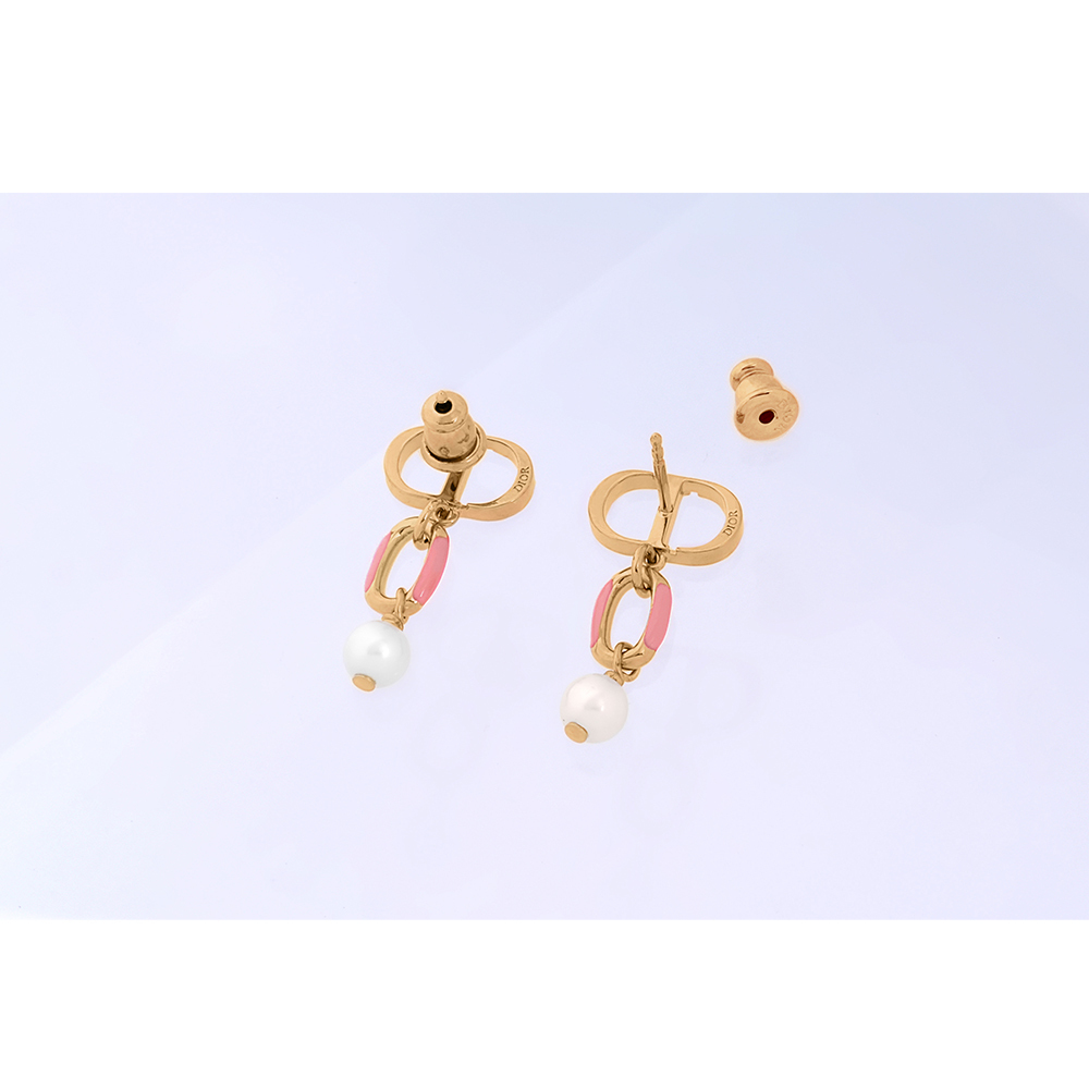 【CHRISTIAN DIOR】Dioriviera Petit CD 亮漆垂墜珍珠針式耳環(金色/珊瑚橘)E3297WOMLQ_D34R