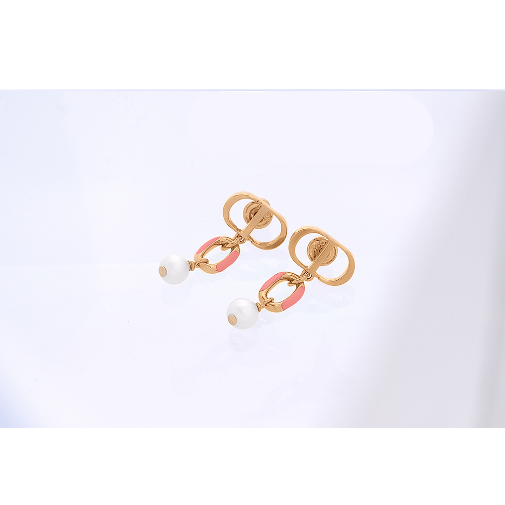 【CHRISTIAN DIOR】Dioriviera Petit CD 亮漆垂墜珍珠針式耳環(金色/珊瑚橘)E3297WOMLQ_D34R