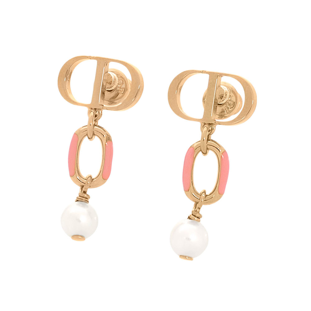 【CHRISTIAN DIOR】Dioriviera Petit CD 亮漆垂墜珍珠針式耳環(金色/珊瑚橘)E3297WOMLQ_D34R