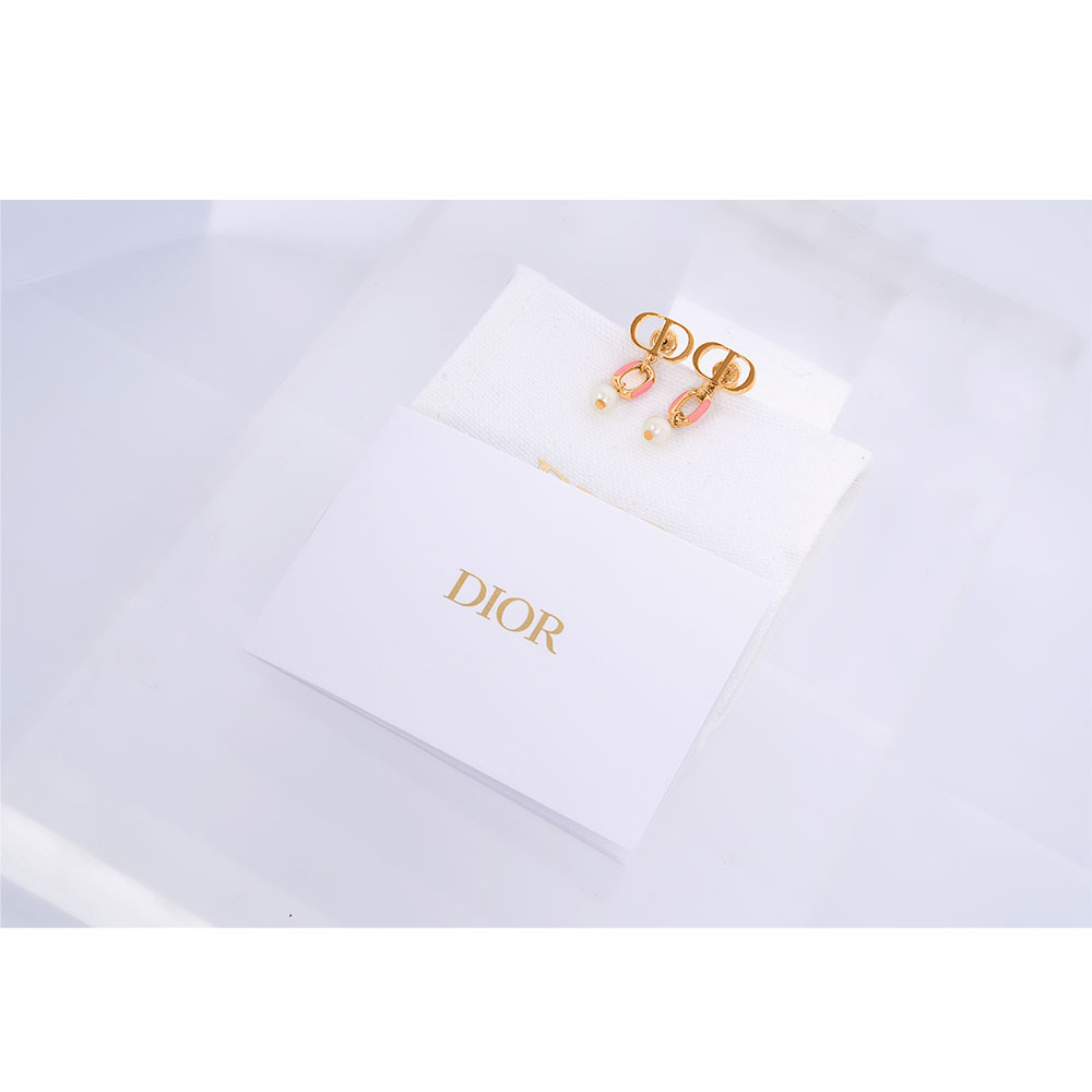 【CHRISTIAN DIOR】Dioriviera Petit CD 亮漆垂墜珍珠針式耳環(金色/珊瑚橘)E3297WOMLQ_D34R