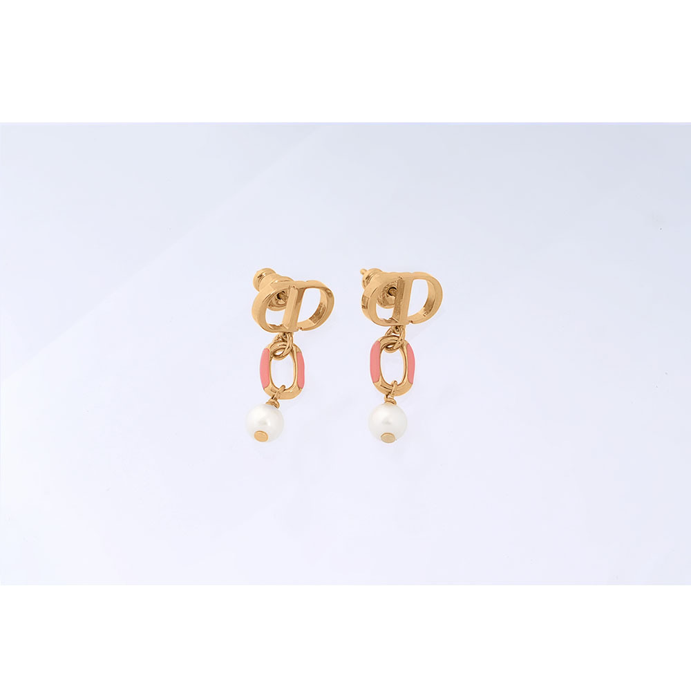 【CHRISTIAN DIOR】Dioriviera Petit CD 亮漆垂墜珍珠針式耳環(金色/珊瑚橘)E3297WOMLQ_D34R