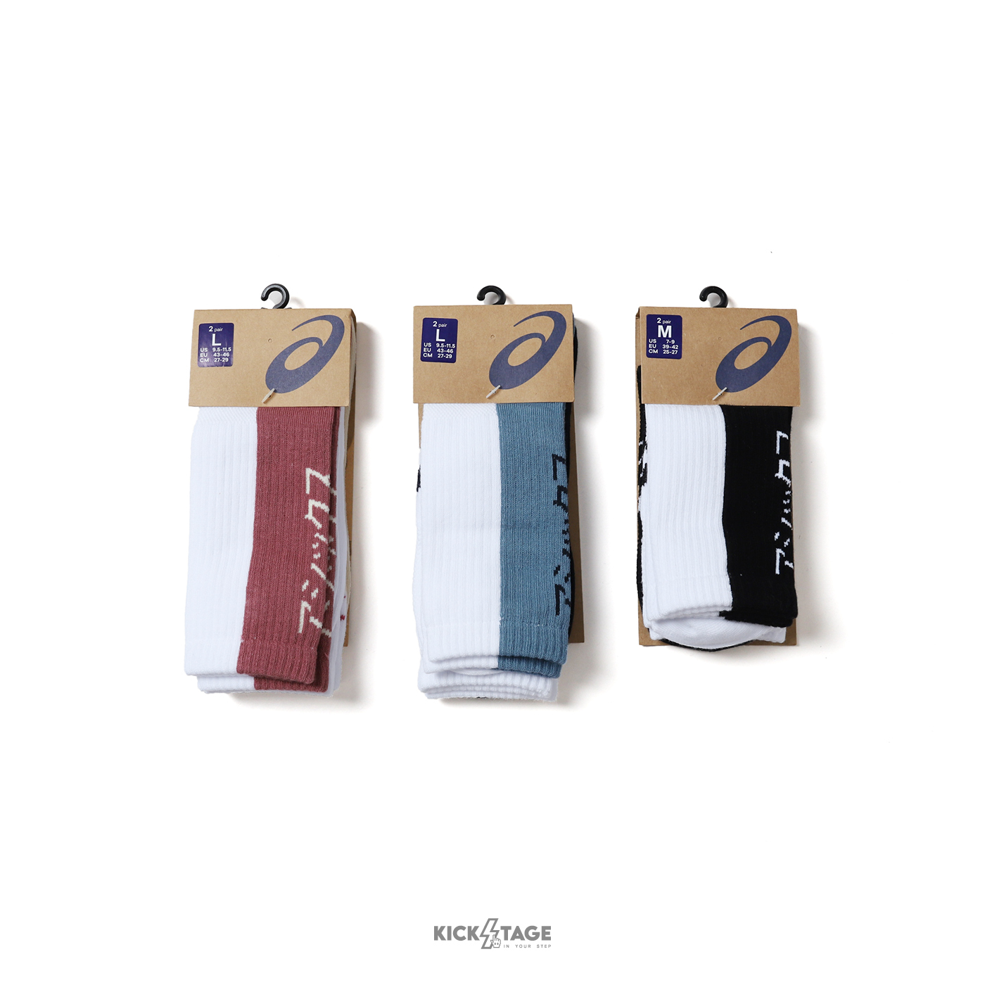 ASICS 亞瑟士 紅白粉橘 湖水綠白黑 黑白 異色拼接 片假名緹花 中性 休閒 運動 中筒襪 長襪 兩入組【3033C030】