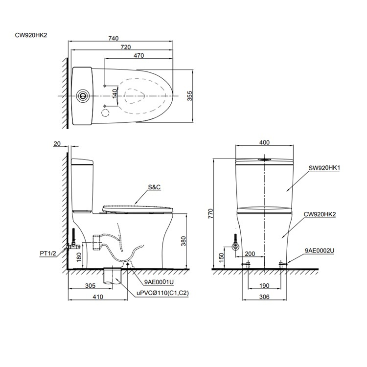 Toto CW920HK2 + SW920HK + TCF4914EZ Close-Coupled Rimless Toilet with Dual Flush 3/4.5L 3D Tornado Flushing *CEFIONTECT* With Elongated Multi-function Washlet with wireless remote (AC220V)