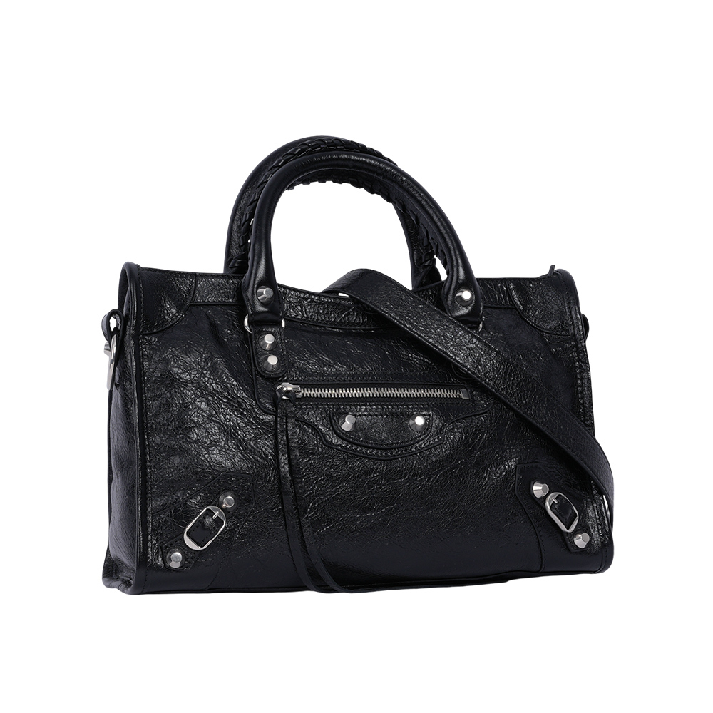【BALENCIAGA】Le City 銀釦小羊皮小款機車包/二用包(黑色)811442 2AA9S 1000
