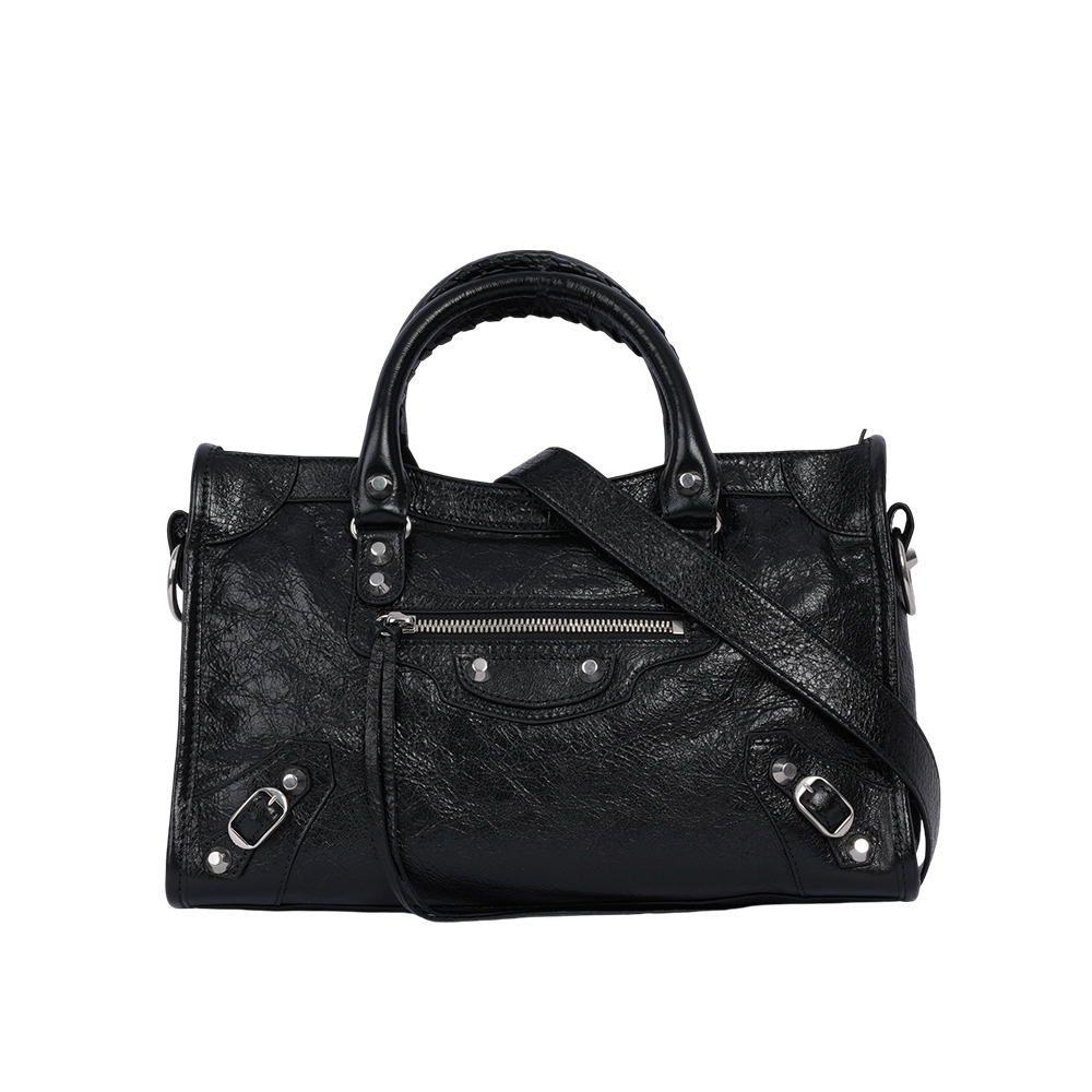 【BALENCIAGA】Le City 銀釦小羊皮小款機車包/二用包(黑色)811442 2AA9S 1000