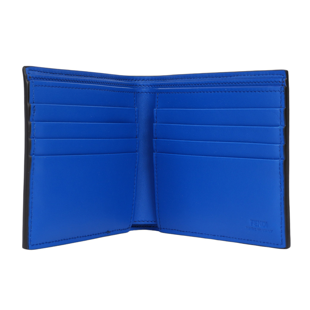 【FENDI】FF Logo 帆布及皮革對角設計8卡短夾(棕色/皇家藍)7M0169 AFCB F1Q1O
