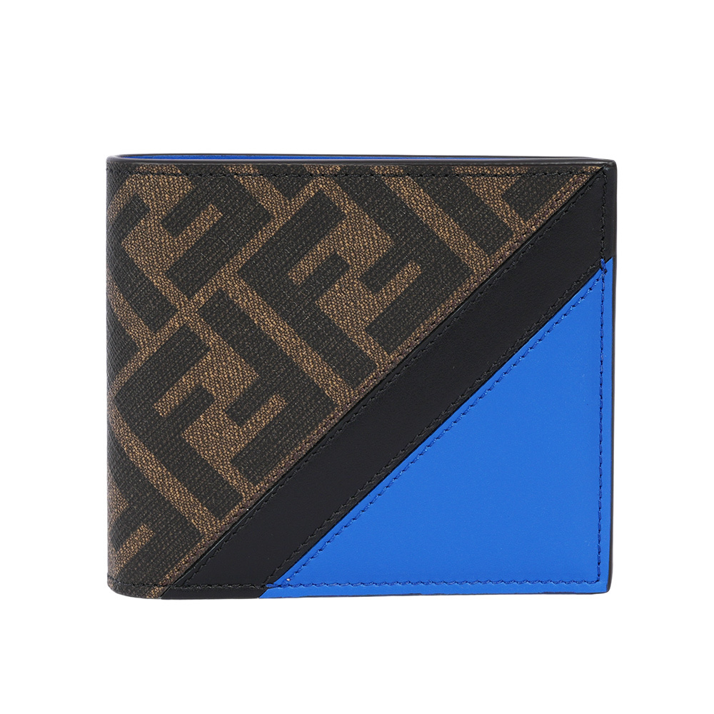 【FENDI】FF Logo 帆布及皮革對角設計8卡短夾(棕色/皇家藍)7M0169 AFCB F1Q1O