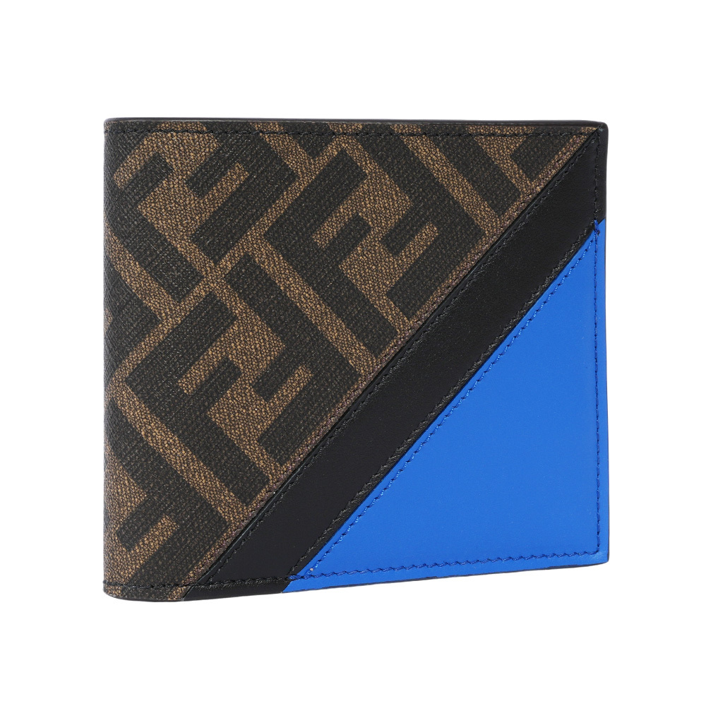 【FENDI】FF Logo 帆布及皮革對角設計8卡短夾(棕色/皇家藍)7M0169 AFCB F1Q1O