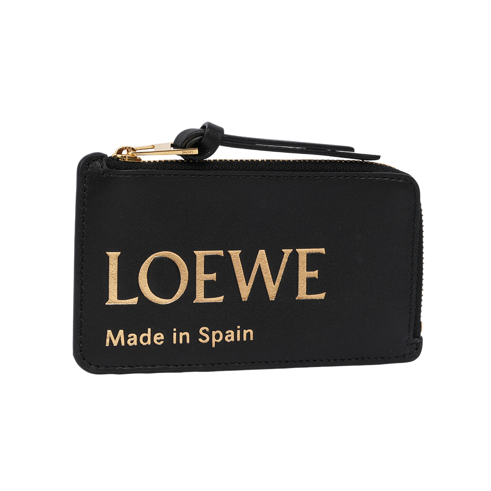 【LOEWE】金色Logo 燙印小牛皮拉鍊零錢包/卡夾包(黑色)CLE0Z40X01 1100