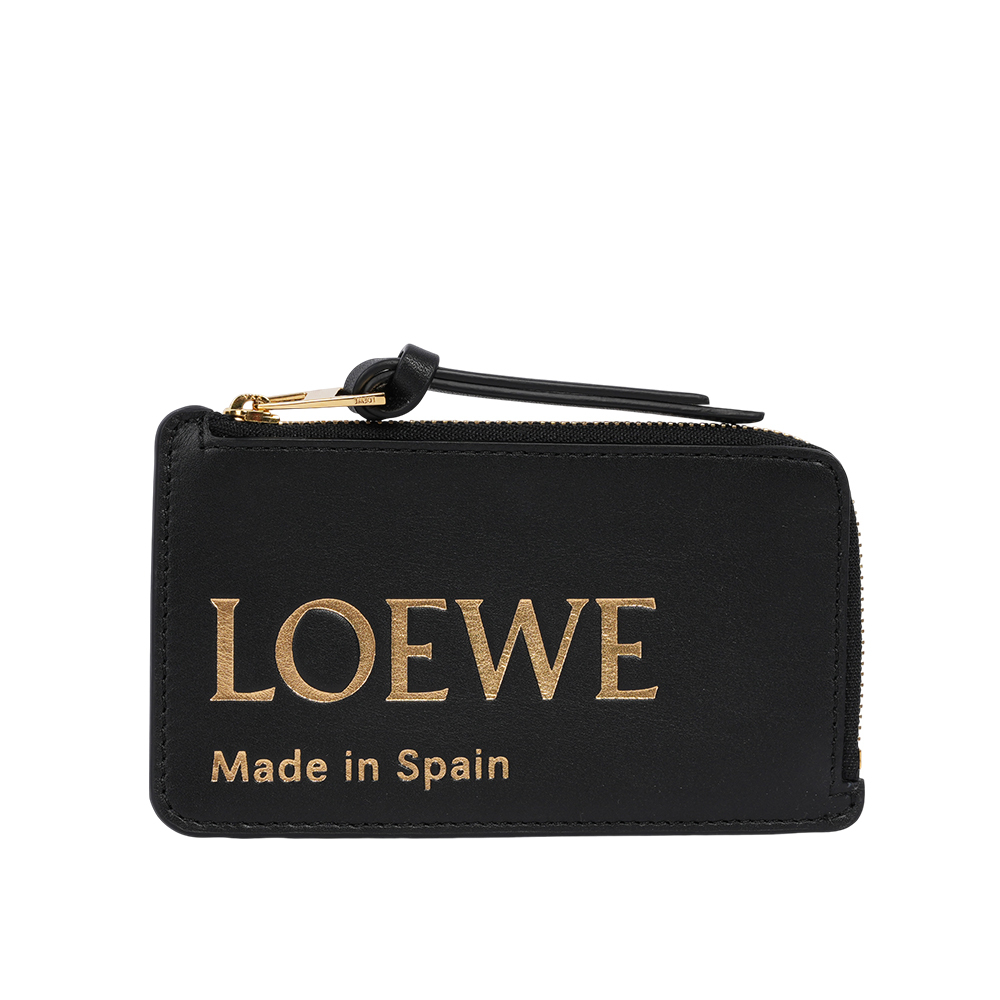 【LOEWE】金色Logo 燙印小牛皮拉鍊零錢包/卡夾包(黑色)CLE0Z40X01 1100