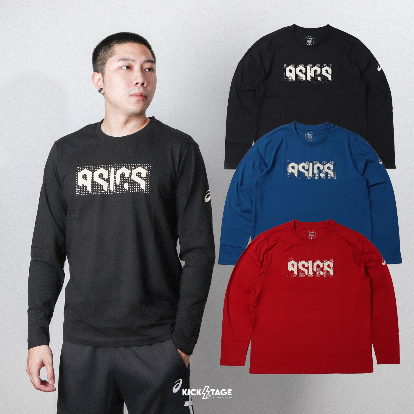 男款 ASICS 亞瑟士 黑色 藍色 紅色 圖騰LOGO 棉質 運動 休閒 長袖上衣【2033B740】