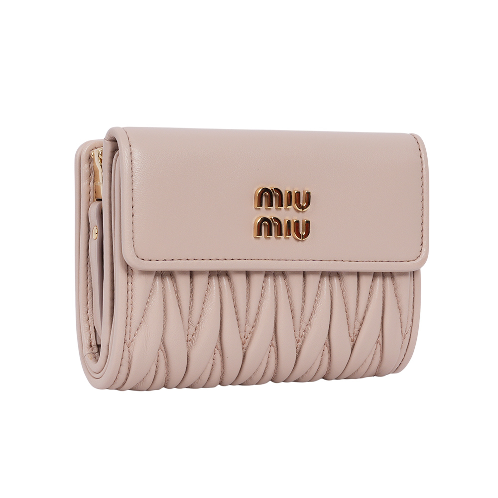 【MIU MIU】金字納帕軟皮拉鍊零錢袋三折短夾(粉色)5ML002 2FPP F0236