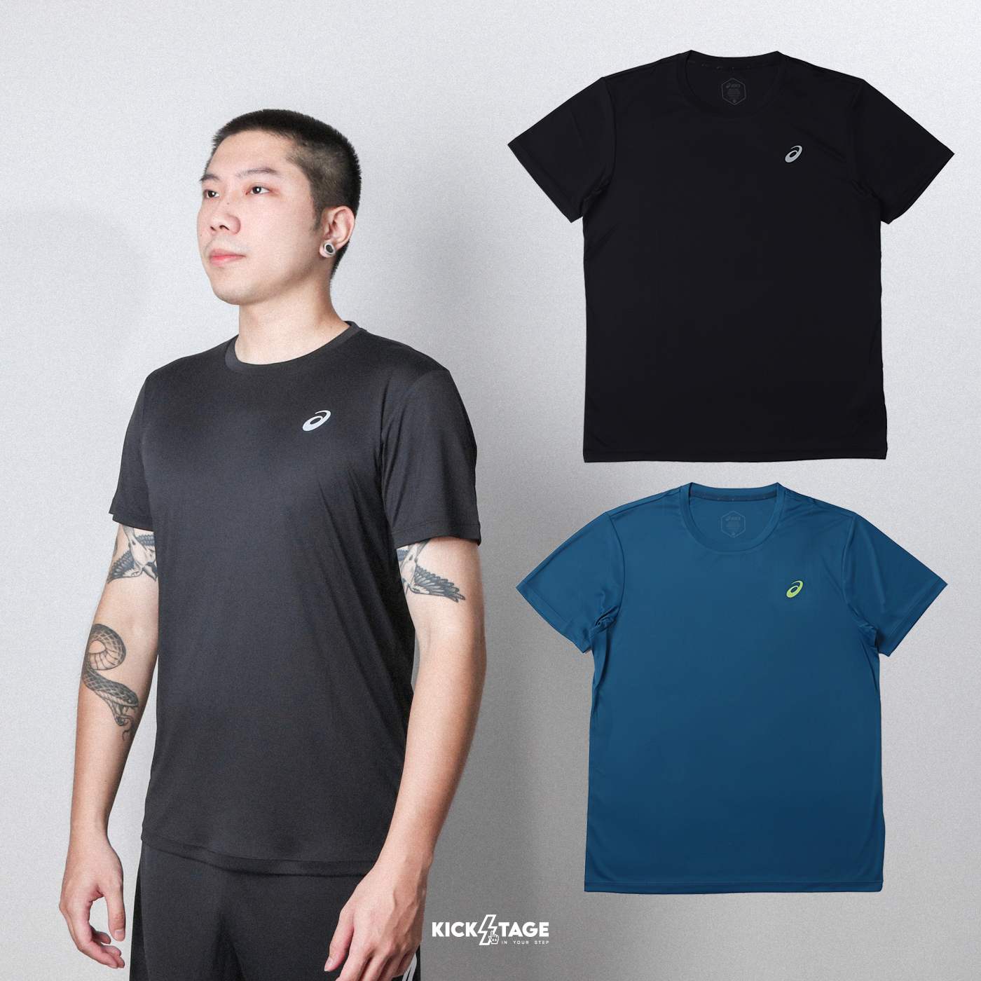 男款 ASICS 亞瑟士 黑色 湖藍色 吸濕 排汗 跑步 運動 短袖上衣【2011D202】