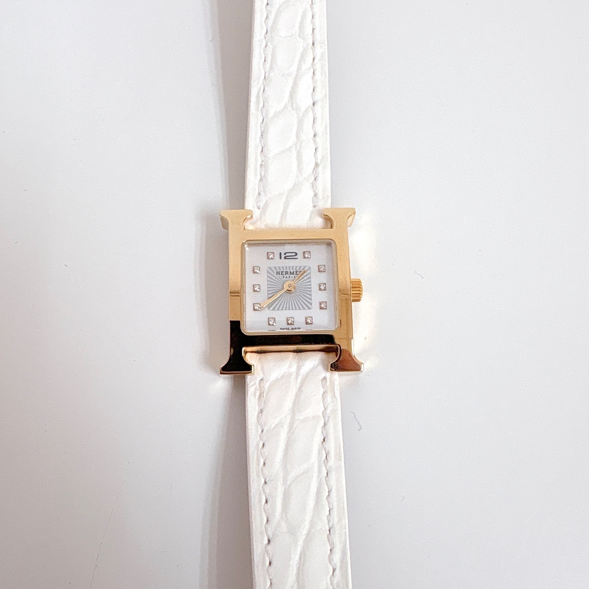 Hermes Heure H Watch Crocskin - White / Ghw
