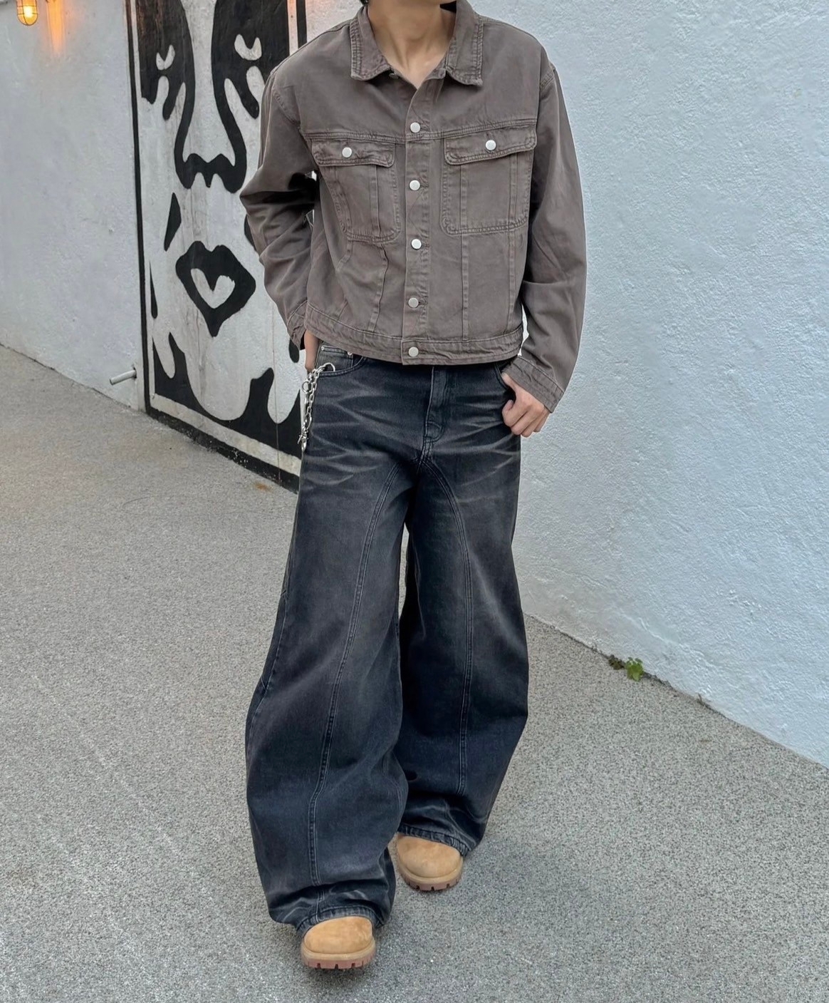 韓國 設計感 修身 鈕扣 喇叭 牛仔褲