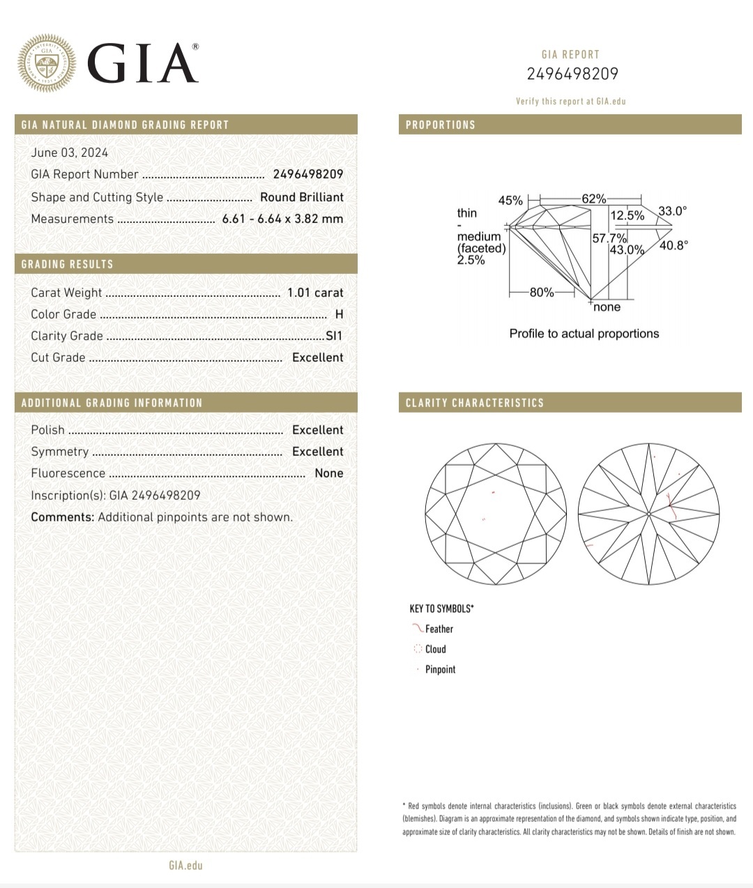 GIA鑽石 1.01 H SI1 3EX NON