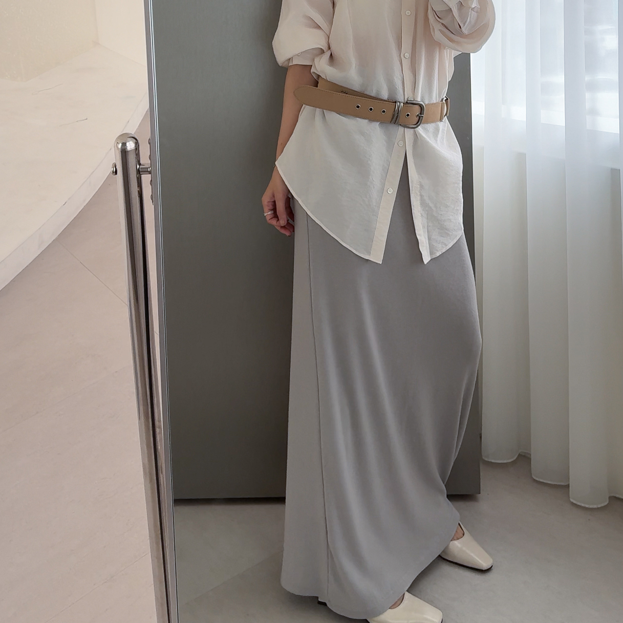 O15後衩綁帶直身棉裙(米/架上陳列)