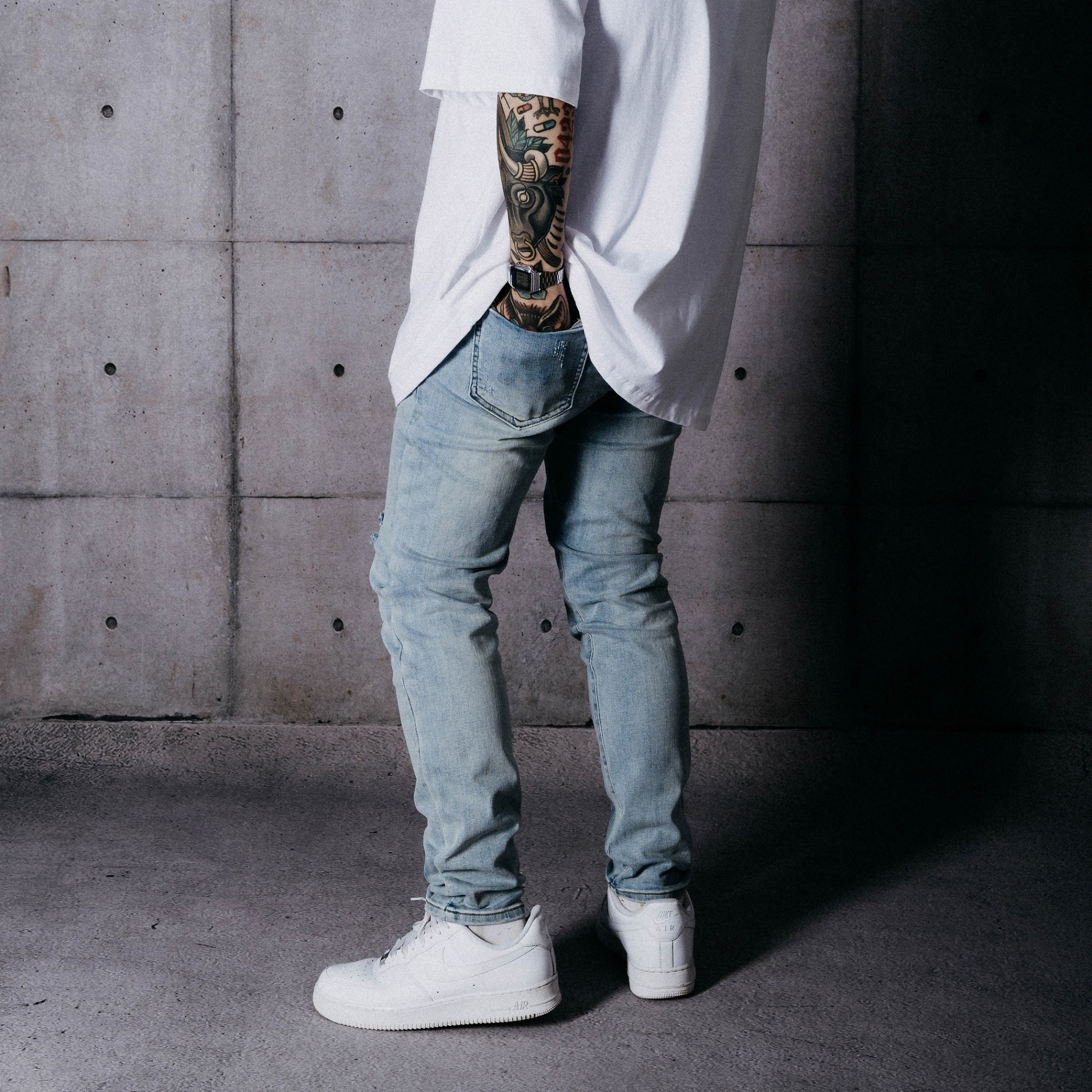 XCTRL 神之修身極彈牛仔褲-破壞淺藍