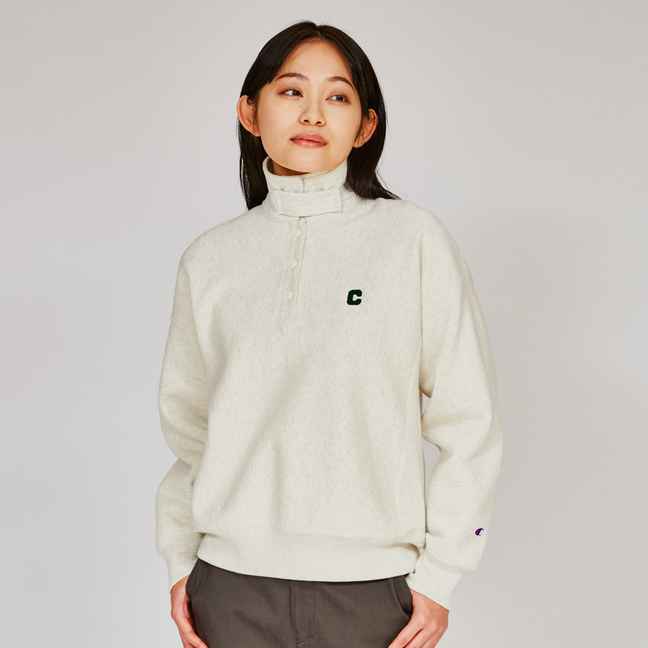 女款- CASUAL 寬版刺繡半開襟衛衣 11.5oz重磅-灰色（CW-A006-810）