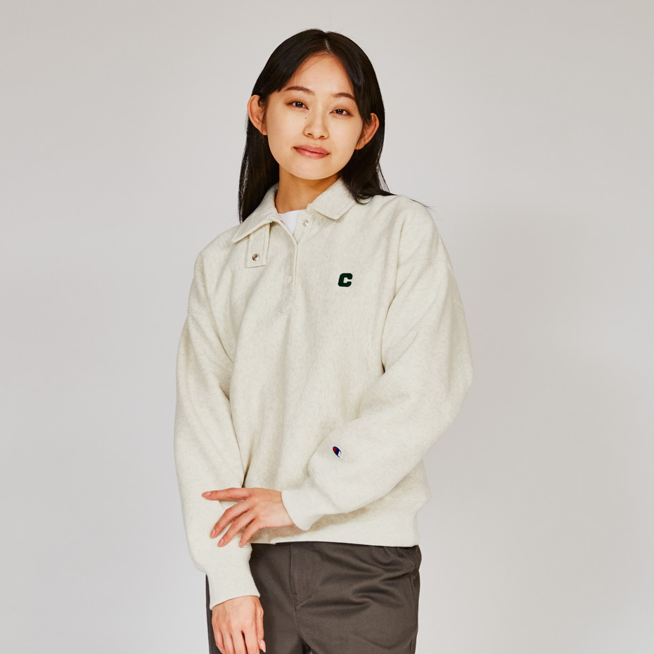 女款- CASUAL 寬版刺繡半開襟衛衣 11.5oz重磅-灰色（CW-A006-810）