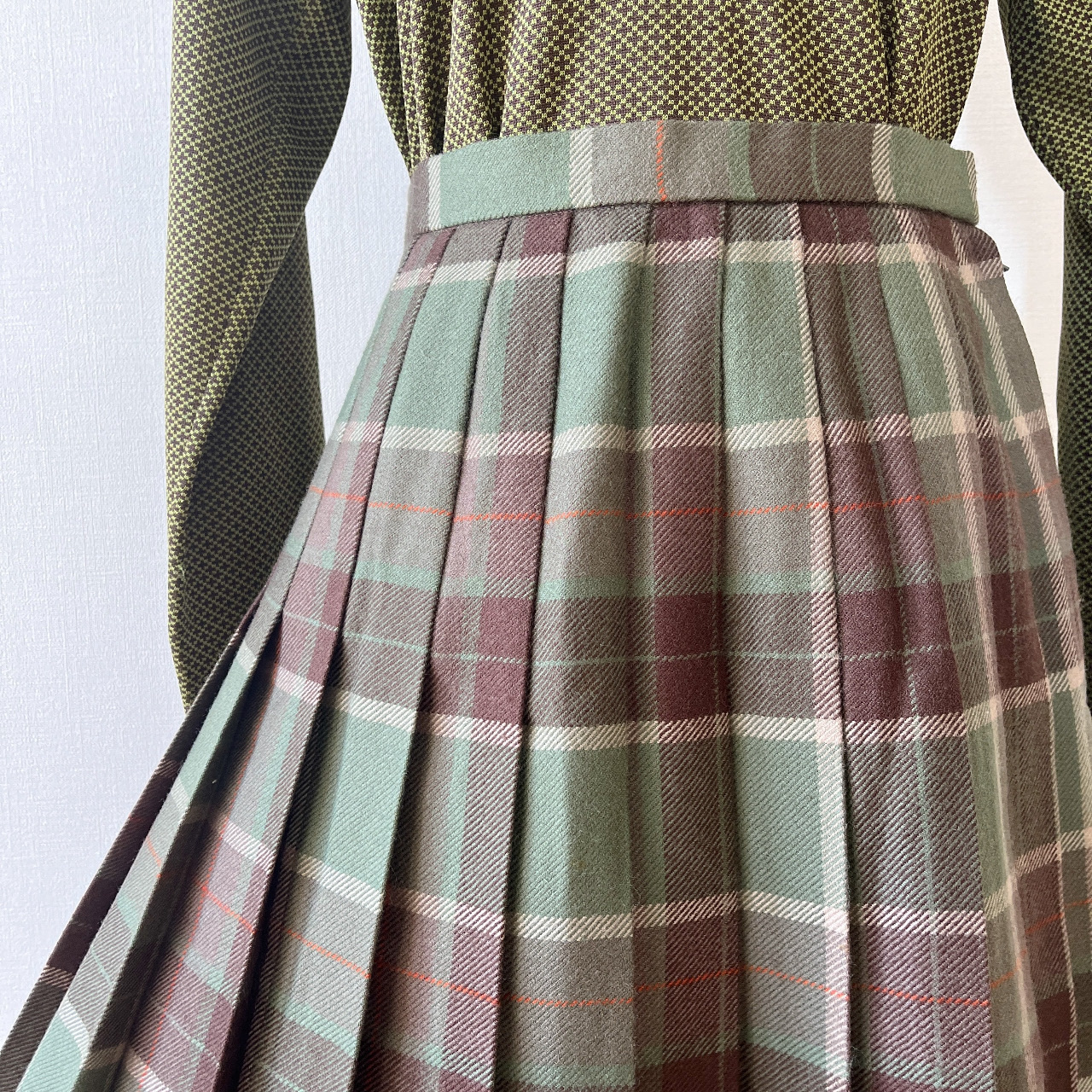 嫩綠×啡色蘇格蘭紋格子古着半裙