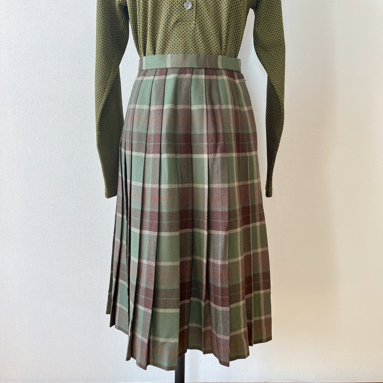 嫩綠×啡色蘇格蘭紋格子古着半裙