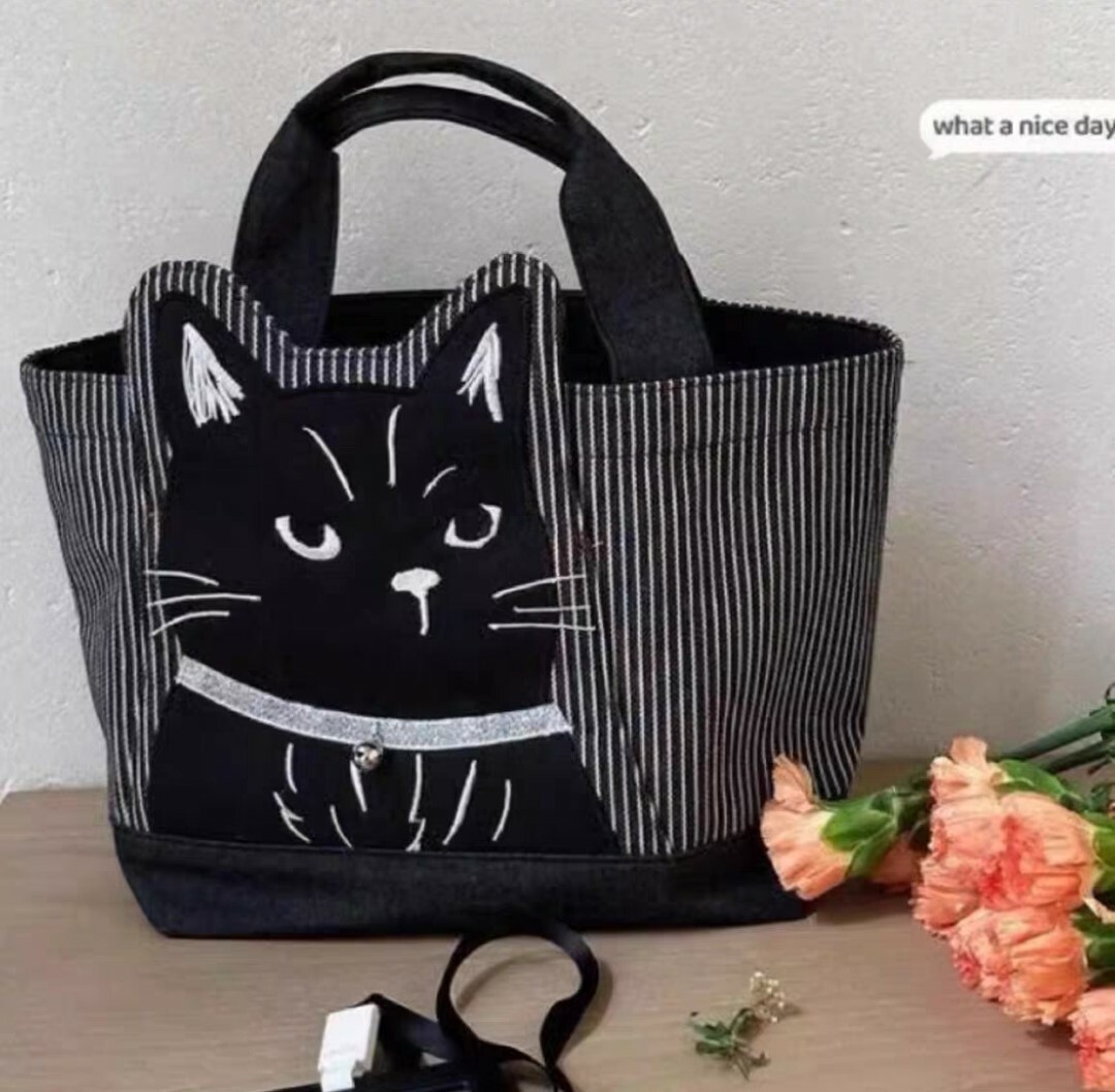 日韓風刺繡黑貓手拎包