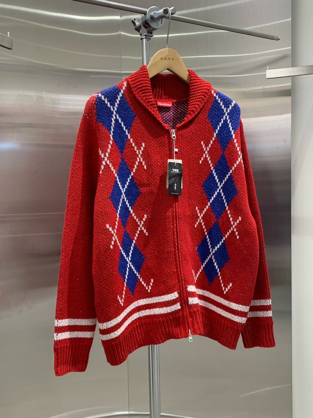 反領菱格拉鍊針織外套 HAND-048JK