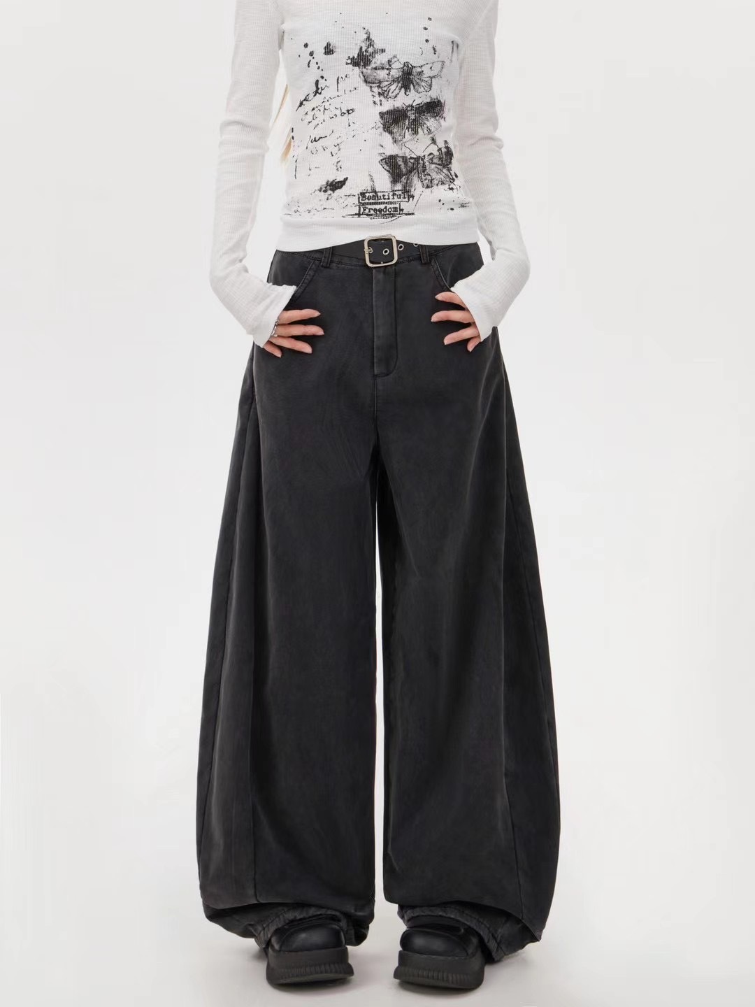 美式復古闊腿顯瘦垂感拖地牛仔褲