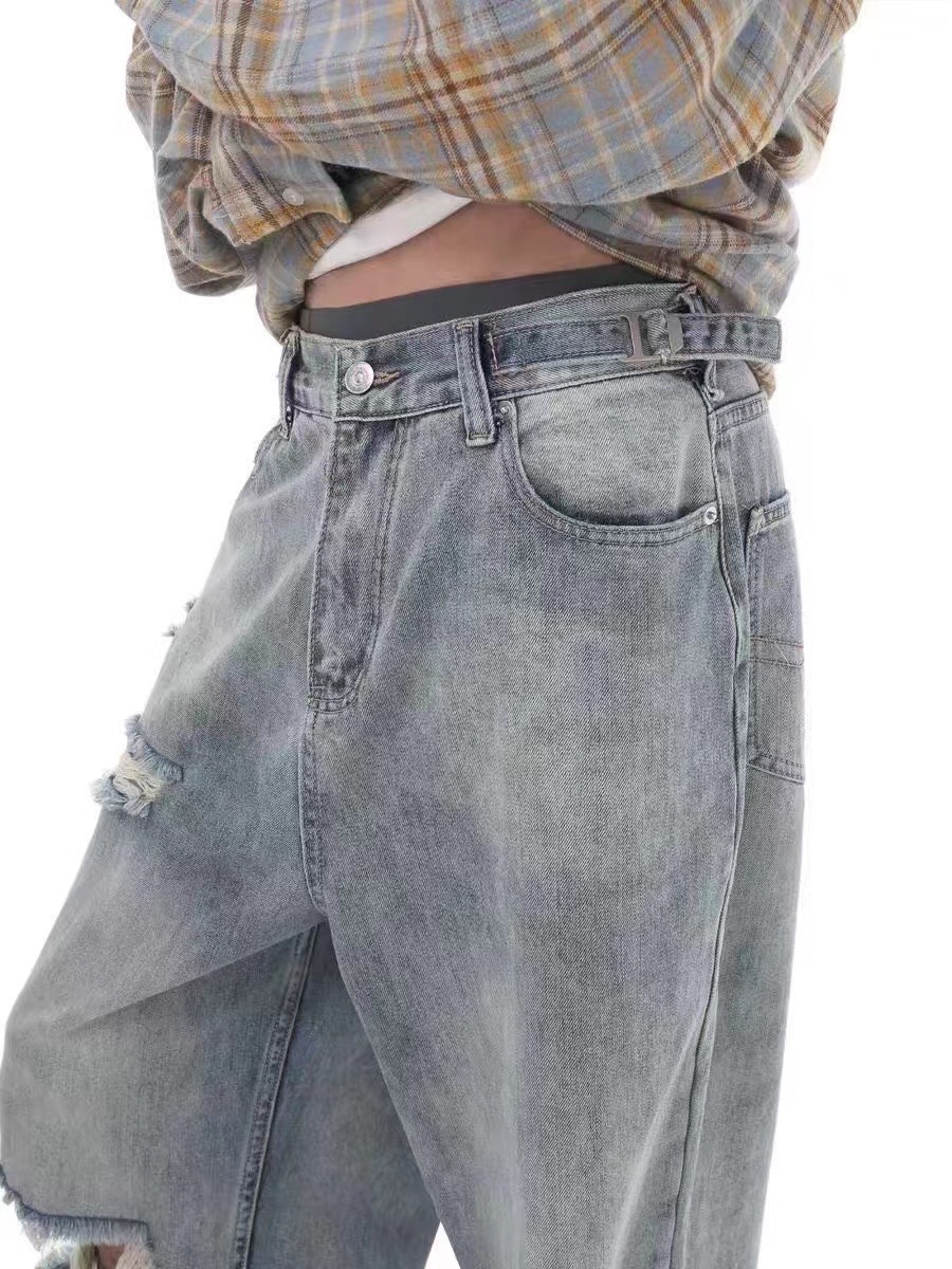 撕裂破洞廓形休閒藍色牛仔長褲