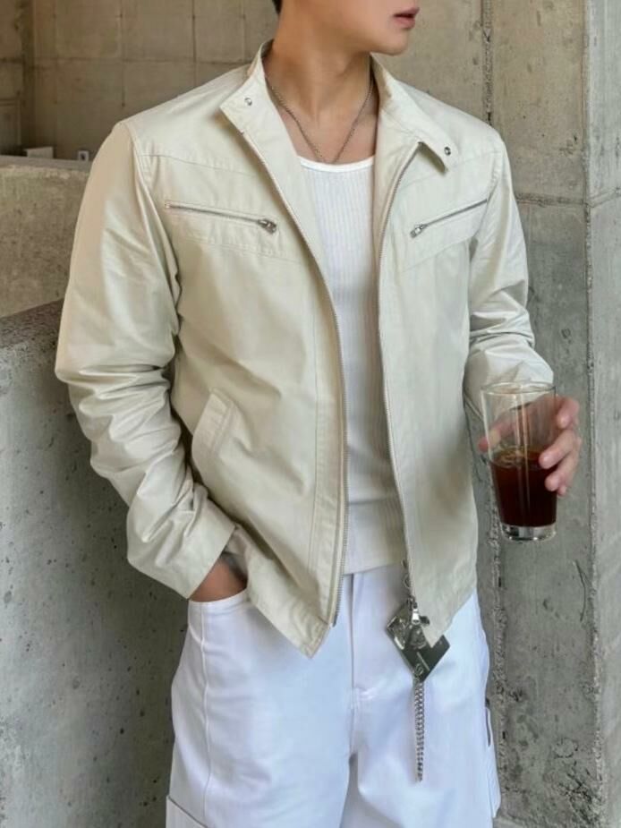 淨色反領拉鍊合成皮外套 Vass-002JK