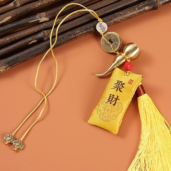 銅葫蘆x五帝錢x福袋．風水掛飾【💛富貴金聚財款】(贈)精美禮盒 | 葫蘆打開可放米、鹽加功效．原價$108