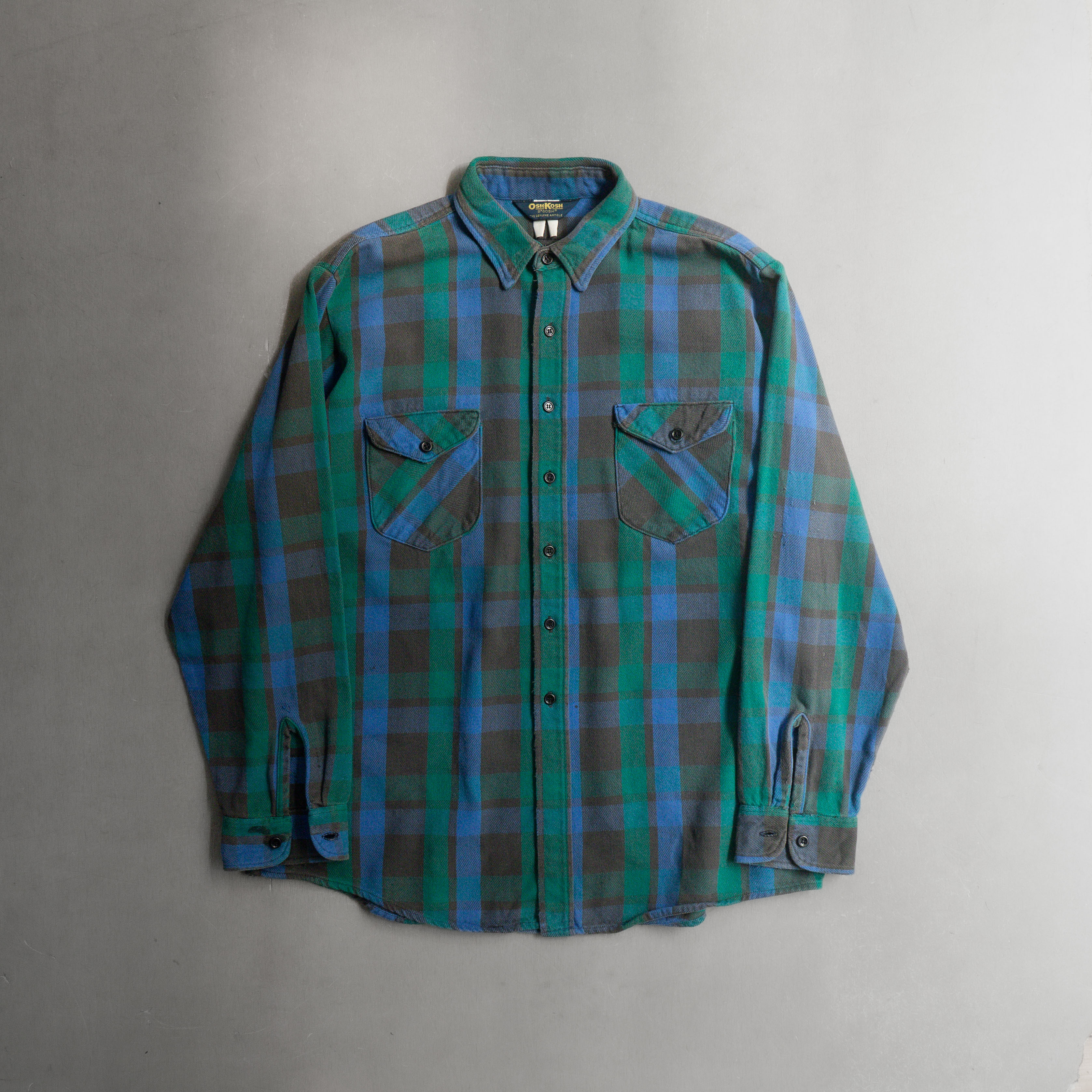 80-90S OSHKOSH HEAVY FLANNEL 美國 藍綠 格紋 法蘭絨 長袖 襯衫