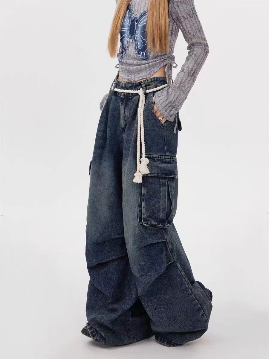 (GOAL)ERHU 復古 美式 情侶款 麻繩水洗 牛仔 寬褲 93116