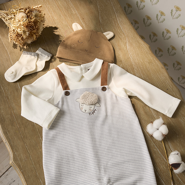 PIPPY童趣綿羊造型帽吊帶褲3件組禮盒 卡其